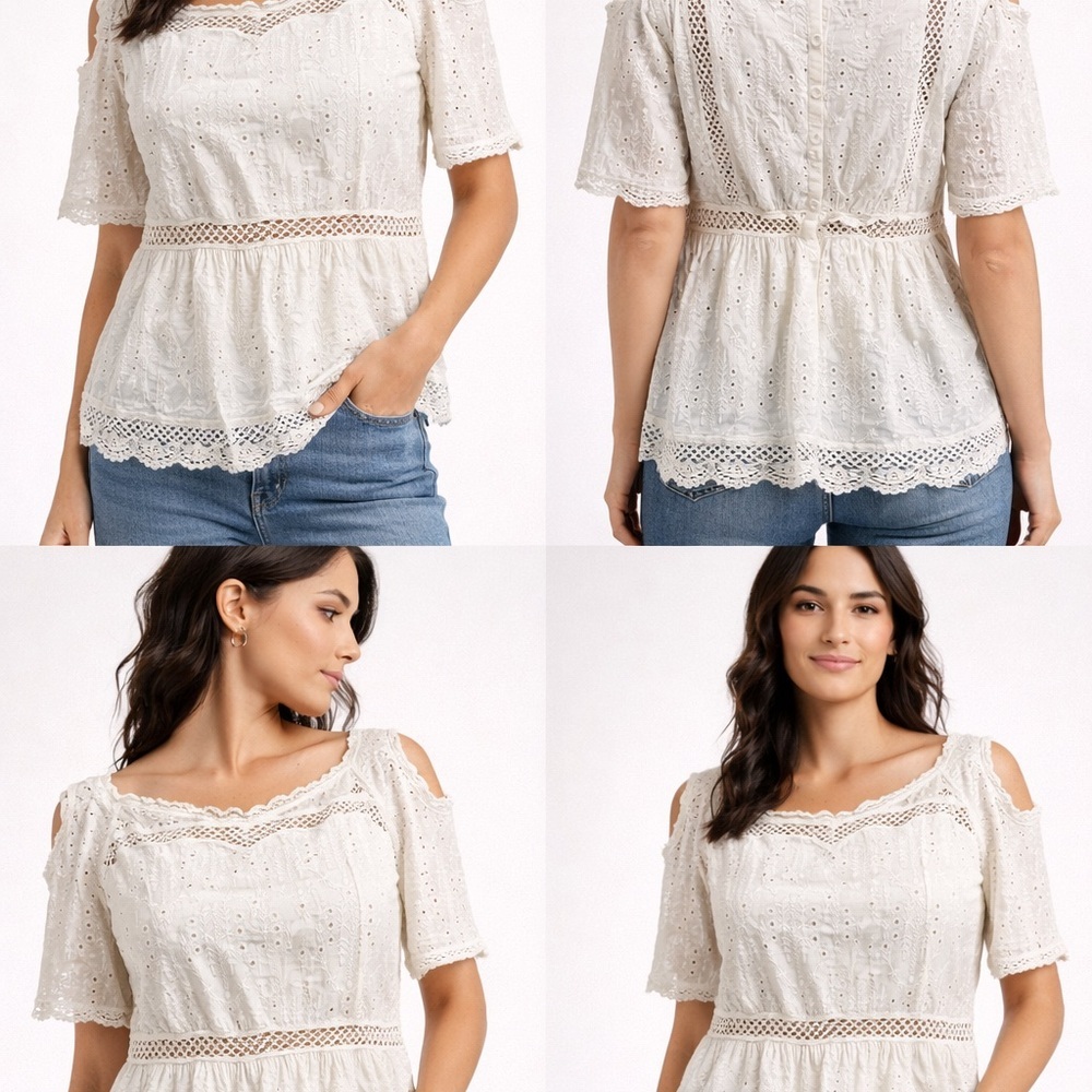 BCBGMAXAZRIA Eyelet Lace Boho Blouse | Off White | Short Sleeve | Size M